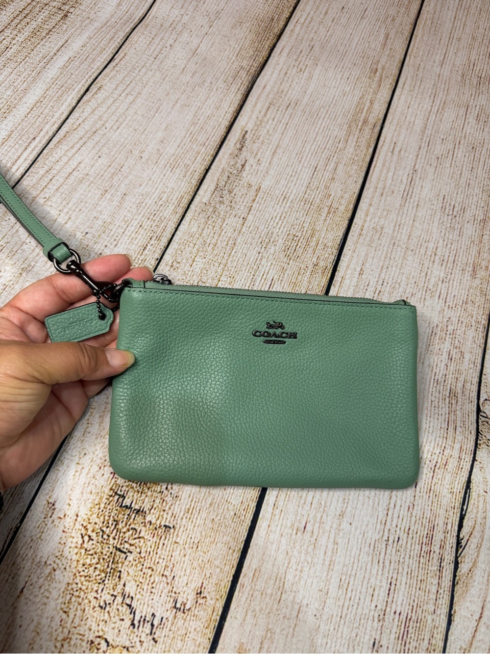Coach Sage Green Pebbled Leather Large Corner Zip Wristlet